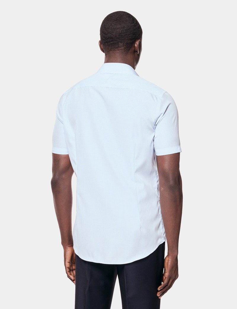 Slim Fit Blue & White Grid Check Non-Iron Shirt - Short Sleeve