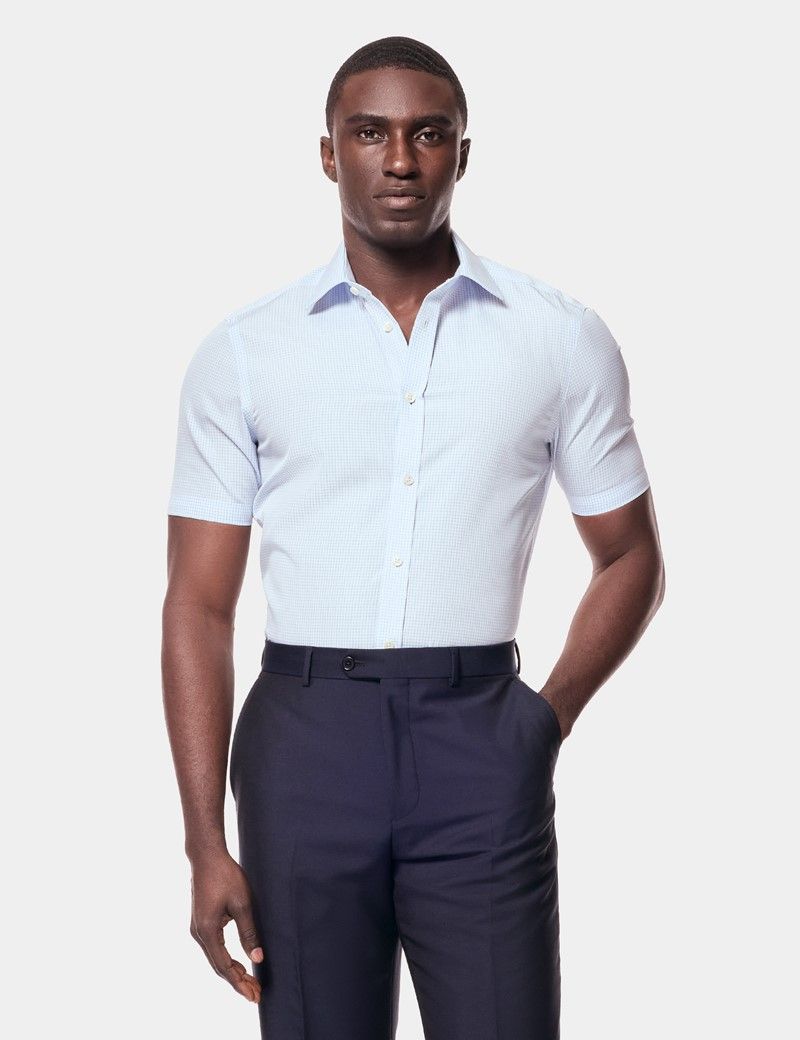 Slim Fit Blue & White Grid Check Non-Iron Shirt - Short Sleeve