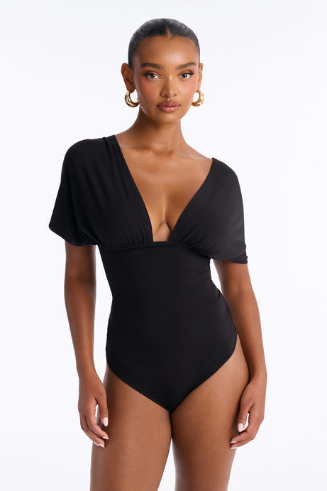 Sophie Ruched Short Sleeve V-Neck Bodysuit