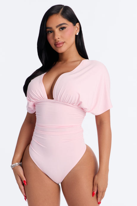Sophie Ruched Short Sleeve V-Neck Bodysuit - Pink