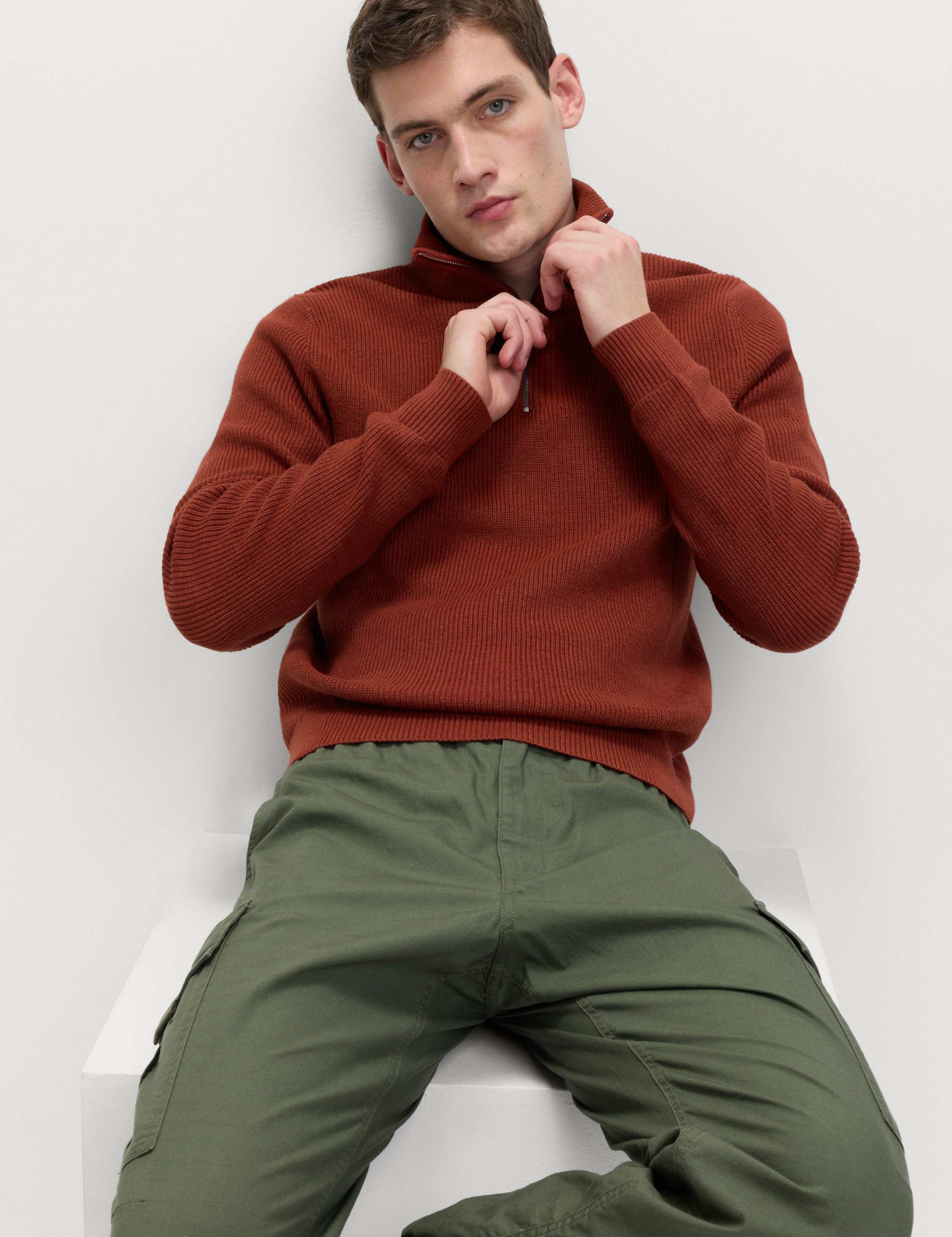 Cotton Blend Ribbed Half Zip Jumper