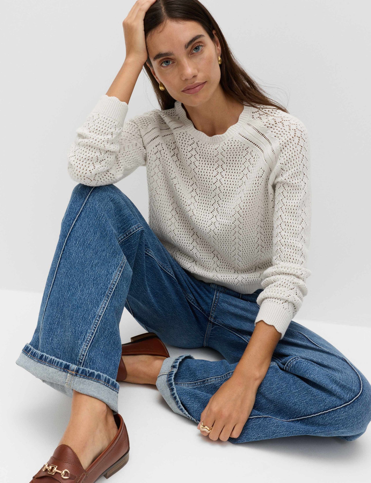 Cotton Rich Pointelle Scallop Edge Jumper