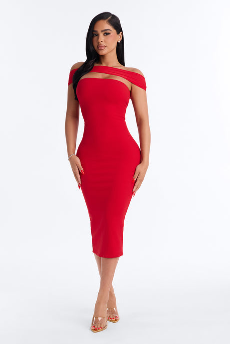 Lilliana Off Shoulder Mesh Snatched Midi Dress