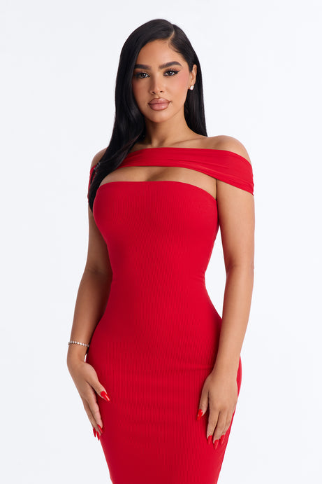 Lilliana Off Shoulder Mesh Snatched Midi Dress
