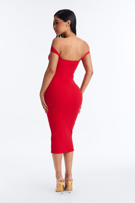 Lilliana Off Shoulder Mesh Snatched Midi Dress