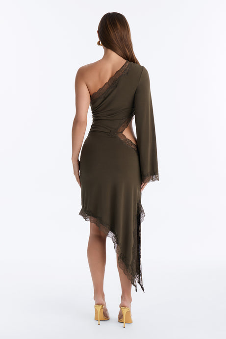 Can't Play Nice Lace Asymmetrical Midi Dress