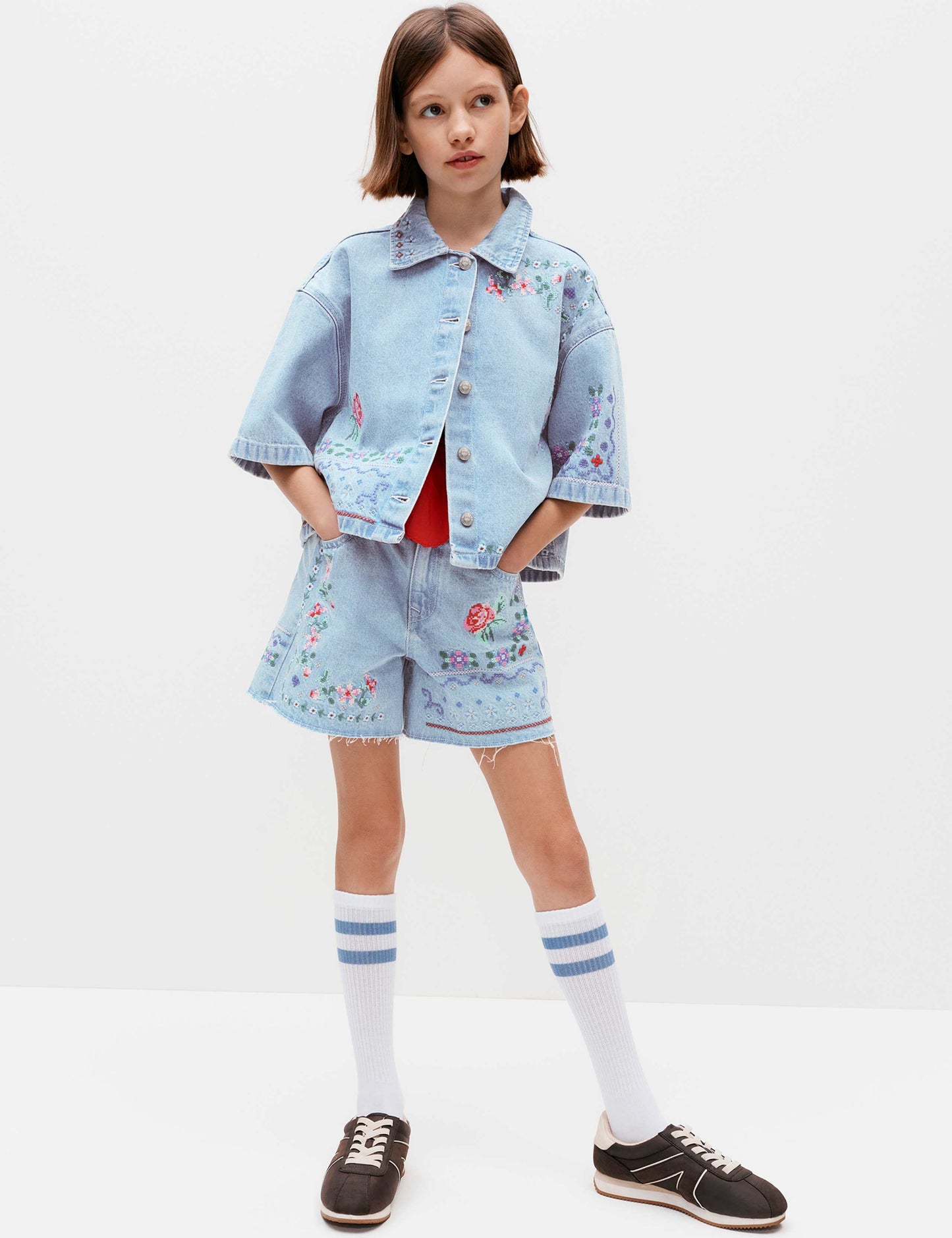 Denim Cross Stitch Embroidered Shirt (6-16 Yrs)