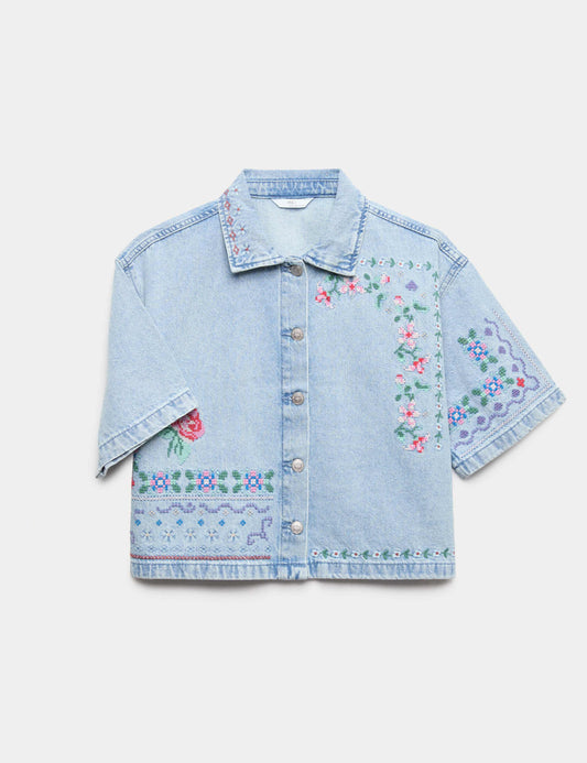 Denim Cross Stitch Embroidered Shirt (6-16 Yrs)