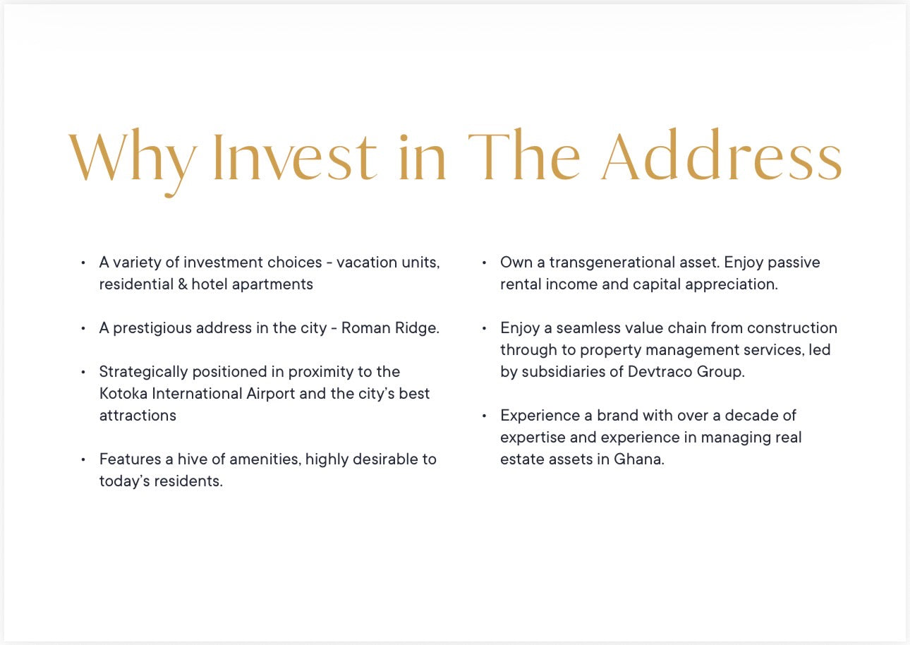 The Address — Studio One Two and Three Bedroom Ultra Luxury Serviced Apartments — Holiday Homes — Hotel and Residential Homes — Unlimited Wellness Amenities — Roman Ridge Accra Ghana New ✨