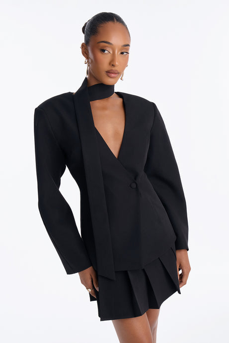 Adeline Long Sleeve Scarf Blazer - Black