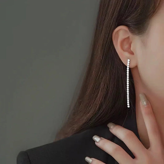 925 Sterling Silver Long Tennis Row Zircon Stud Earrings - Interactive Group