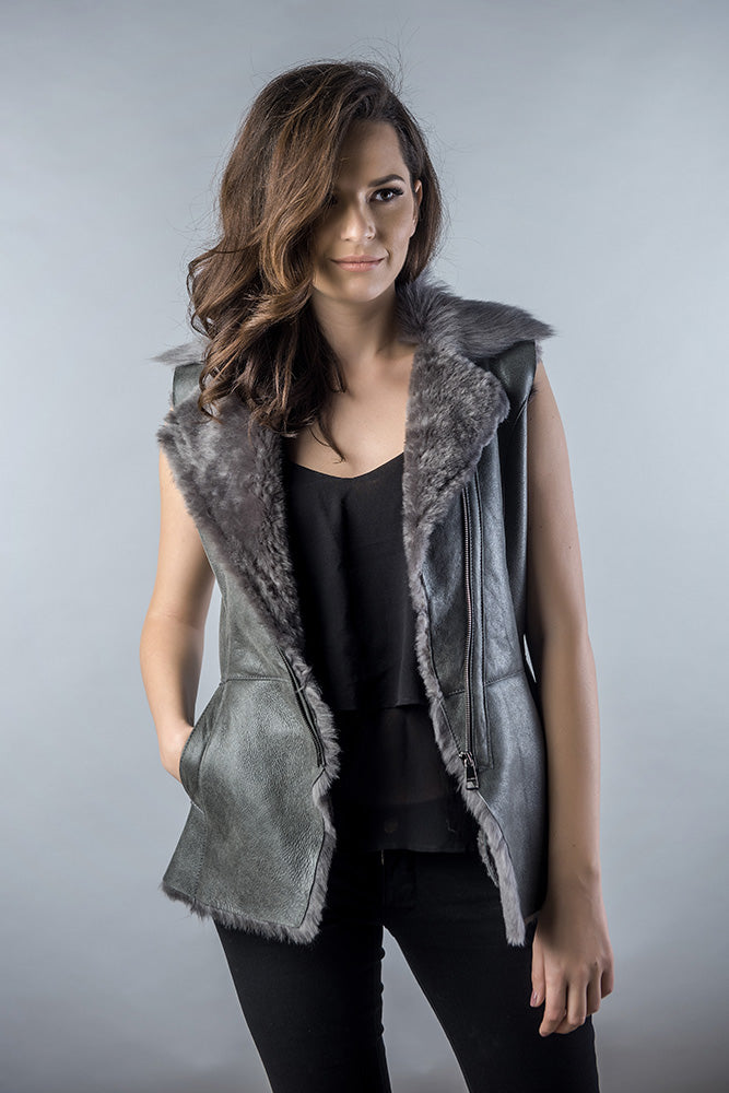 Gray Genuine Nappa Lambskin Fur Vest - Interactive Group