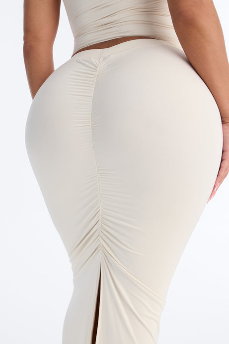 Second Skin Double Lined Ruched Back Slit Maxi Skirt