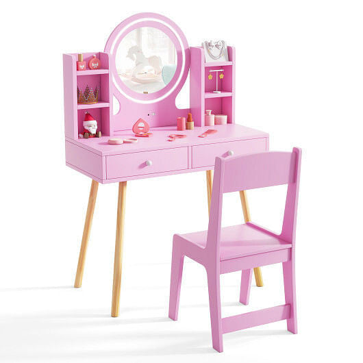 Kids Vanity Set with Lighted Mirror and Storage Drawers-White - Interactive Group