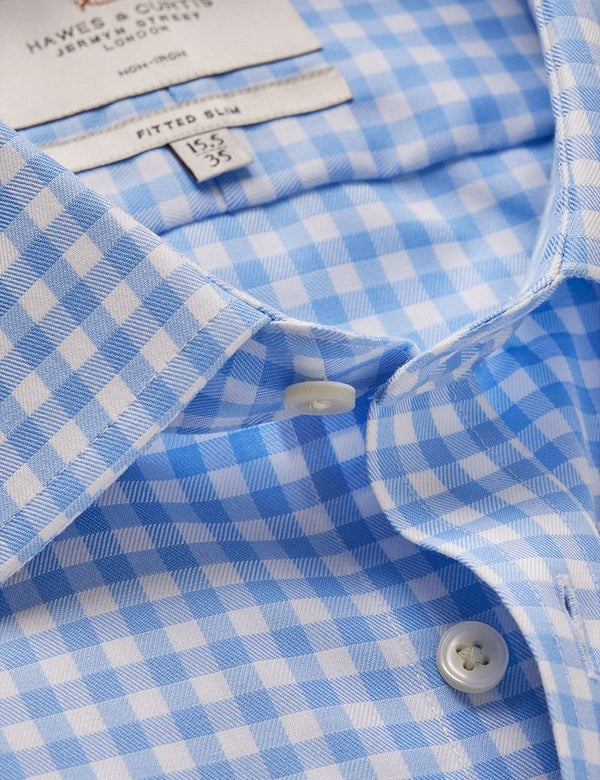 Fitted Slim Blue & White Gingham Check Non-Iron Shirt