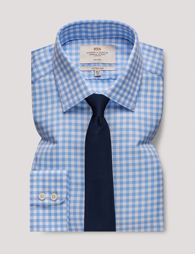 Fitted Slim Blue & White Gingham Check Non-Iron Shirt