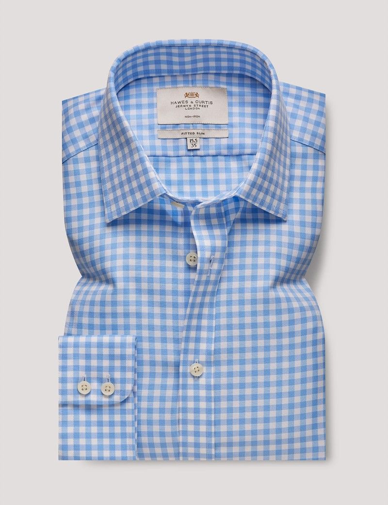 Fitted Slim Blue & White Gingham Check Non-Iron Shirt