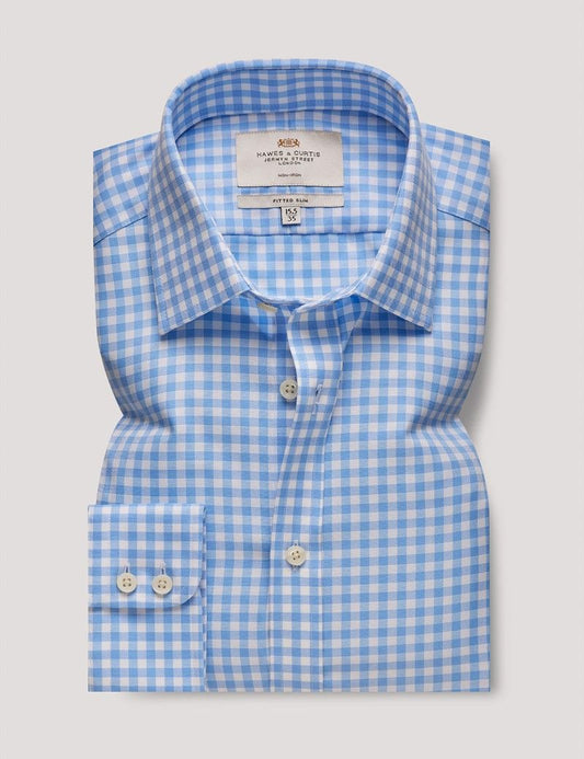 Fitted Slim Blue & White Gingham Check Non-Iron Shirt