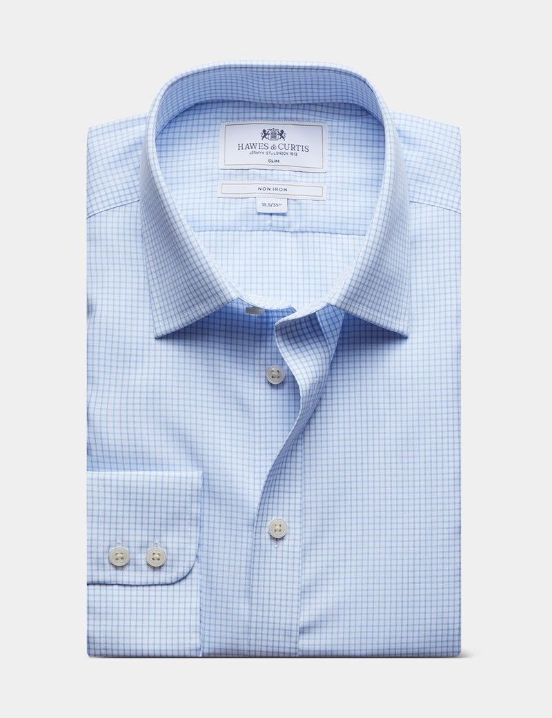 Fitted Slim Blue & White Grid Check Non-Iron Shirt