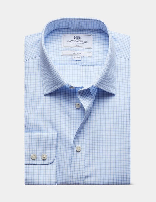 Fitted Slim Blue & White Grid Check Non-Iron Shirt
