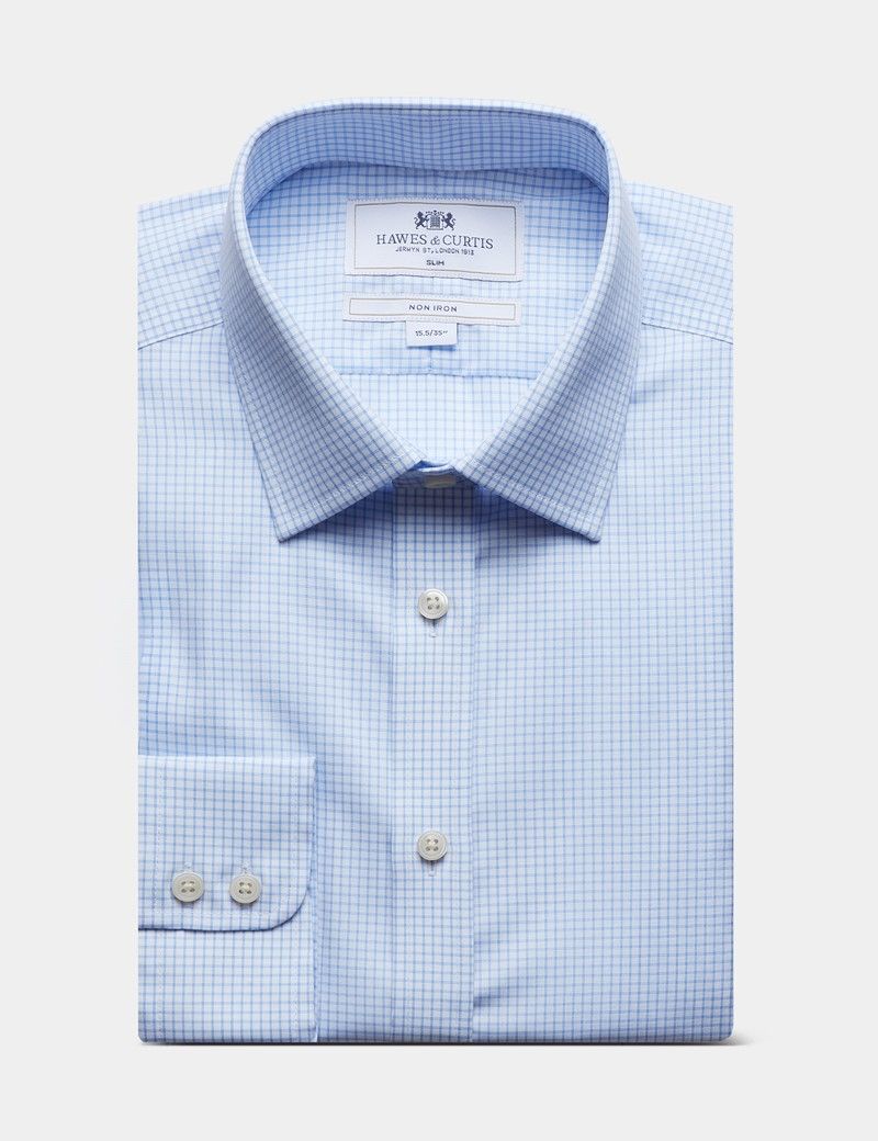 Fitted Slim Blue & White Grid Check Non-Iron Shirt