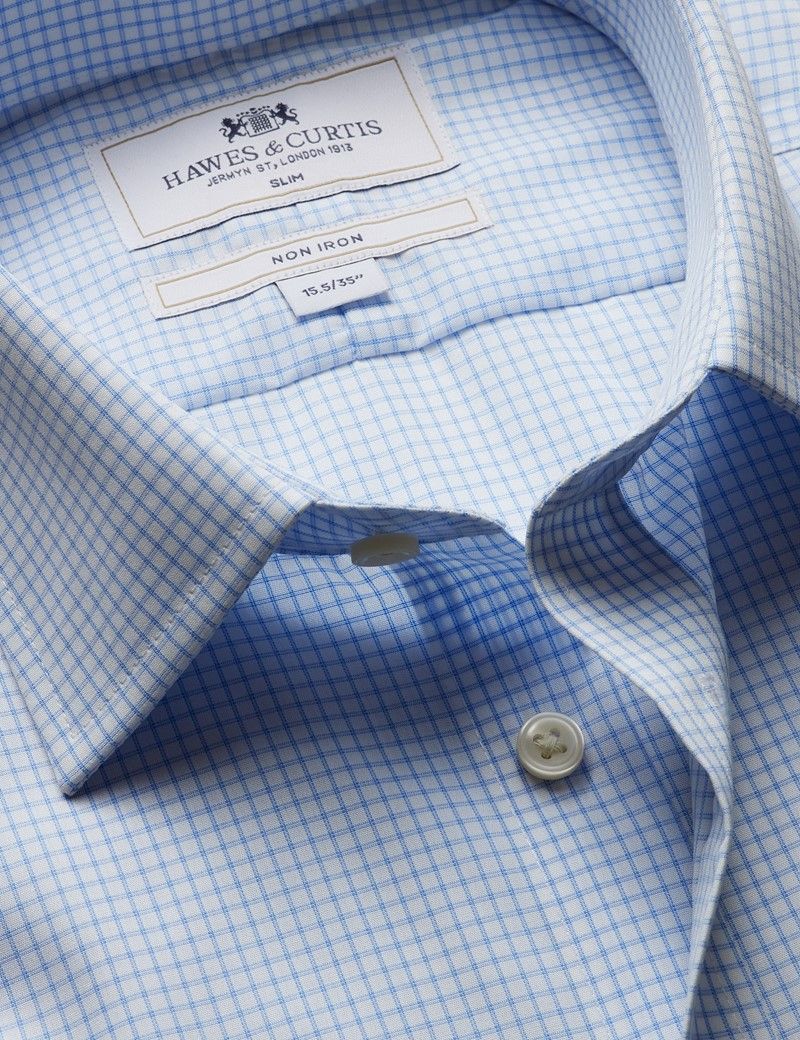 Fitted Slim Blue & White Grid Check Non-Iron Shirt
