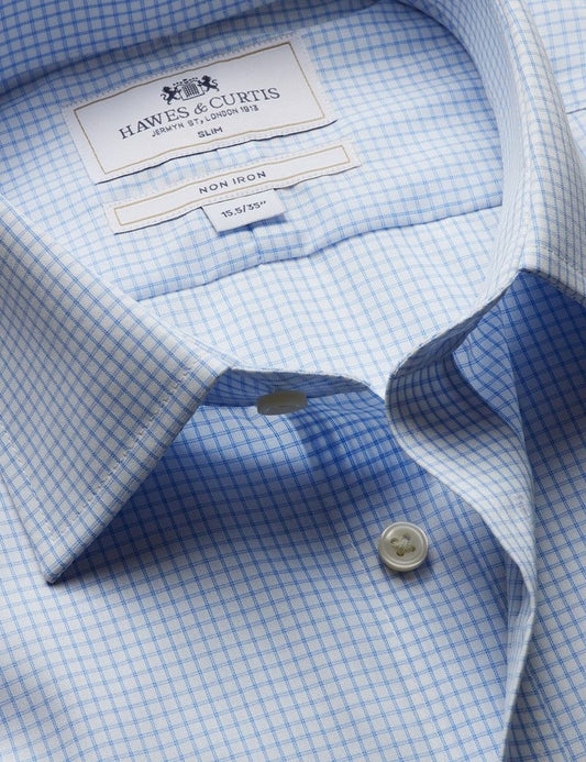 Fitted Slim Blue & White Grid Check Non-Iron Shirt