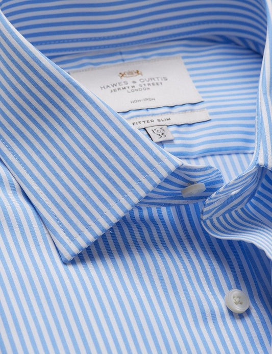 Fitted Slim Blue & White Bengal Stripe Twill Non-Iron Shirt