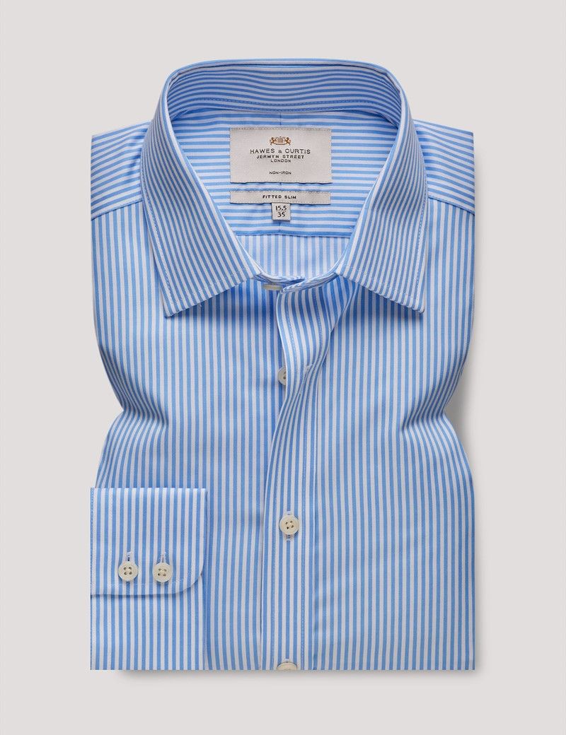 Fitted Slim Blue & White Bengal Stripe Twill Non-Iron Shirt