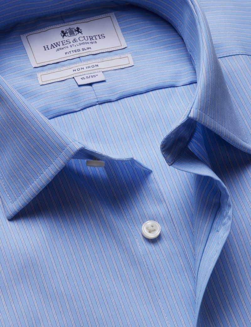Fitted Slim Cornflower Blue & White Stripe Non-Iron Shirt