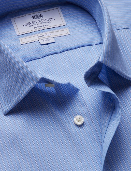 Fitted Slim Cornflower Blue & White Stripe Non-Iron Shirt