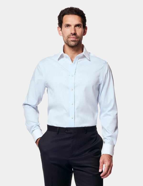 Fitted Slim Blue Twill Herringbone Stripe Non-Iron Shirt - Contrast Detail