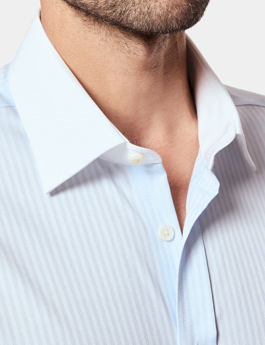 Fitted Slim Blue Twill Herringbone Stripe Non-Iron Shirt - Contrast Detail