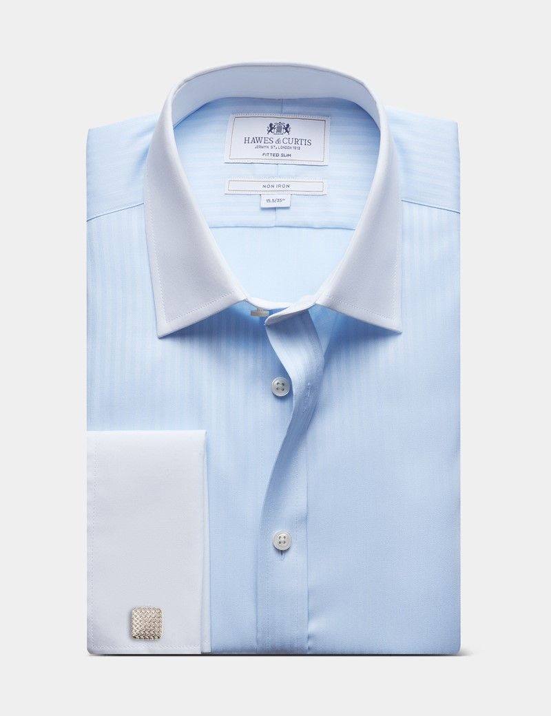 Fitted Slim Blue Twill Herringbone Stripe Non-Iron Shirt - Contrast Detail