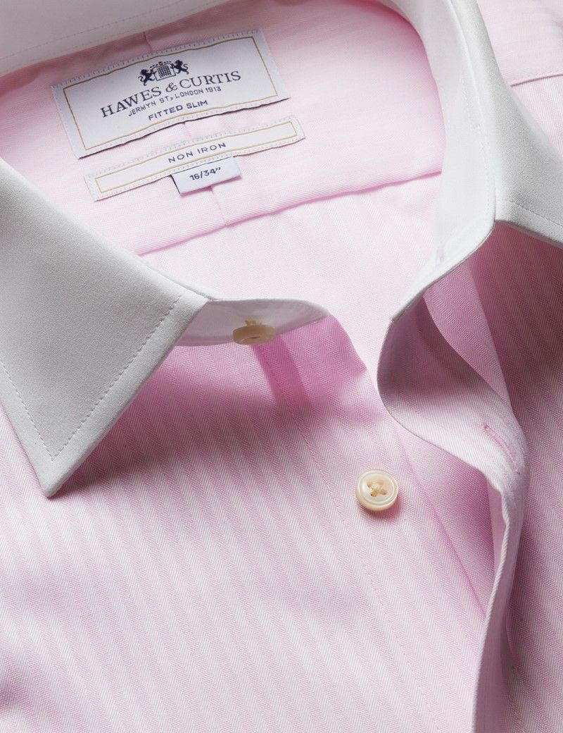 Fitted Slim Pink Twill Herringbone Stripe Non-Iron Shirt - Contrast Detail