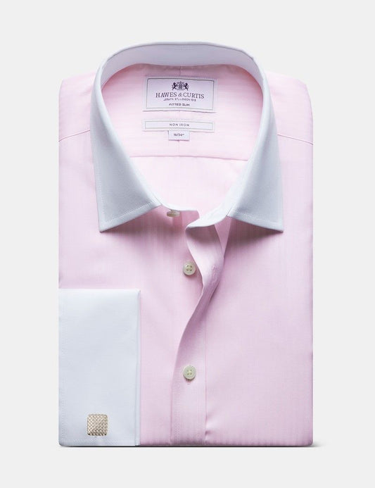Fitted Slim Pink Twill Herringbone Stripe Non-Iron Shirt - Contrast Detail