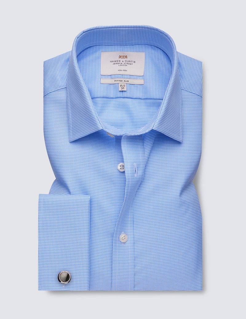 Fitted Slim Blue & White Dogtooth Twill Non-Iron Shirt