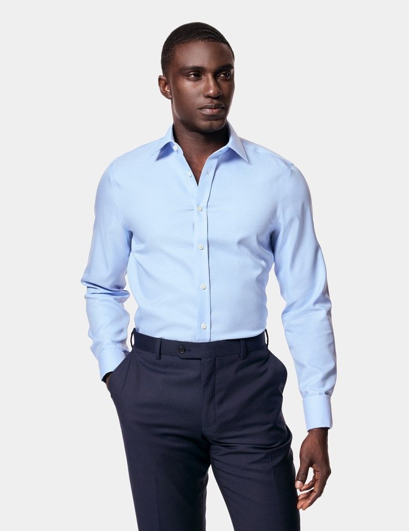 Fitted Slim Blue & White Dogtooth Twill Non-Iron Shirt
