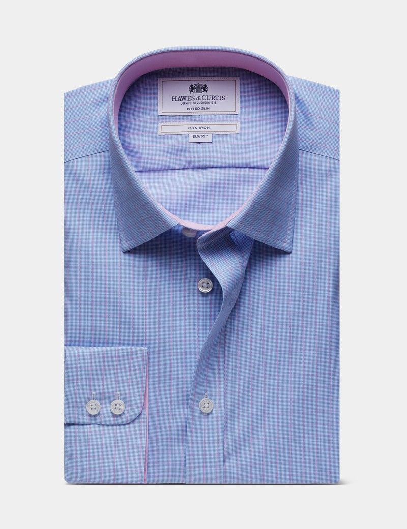 Fitted Slim Blue & Pink Windowpane Check Non-Iron Shirt - Contrast Detail
