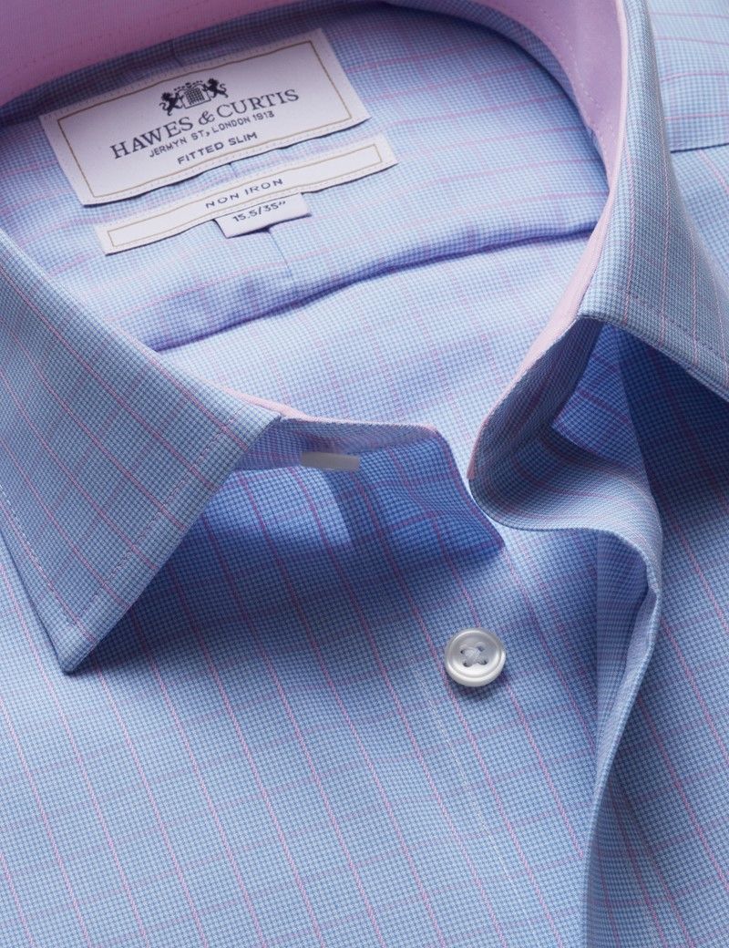 Fitted Slim Blue & Pink Windowpane Check Non-Iron Shirt - Contrast Detail