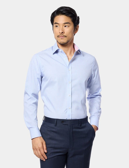 Fitted Slim Blue & Pink Windowpane Check Non-Iron Shirt - Contrast Detail