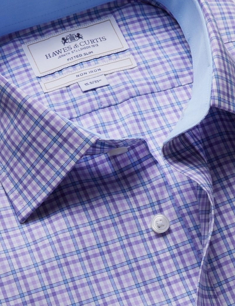Fitted Slim Blue & Purple Check Non-Iron Shirt - Contrast Detail