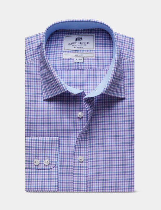 Fitted Slim Blue & Purple Check Non-Iron Shirt - Contrast Detail