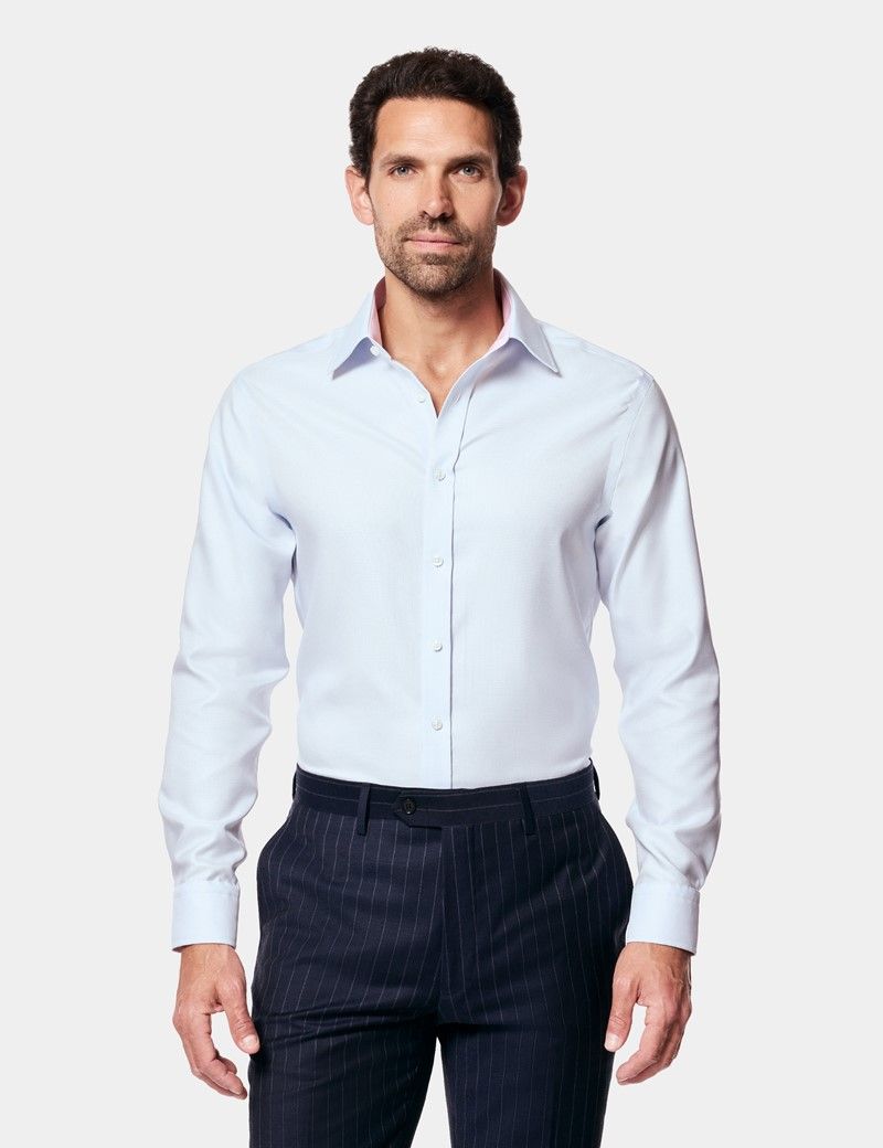 Fitted Slim Blue & White Pick and Pick Non-Iron Shirt - Contrast Detail