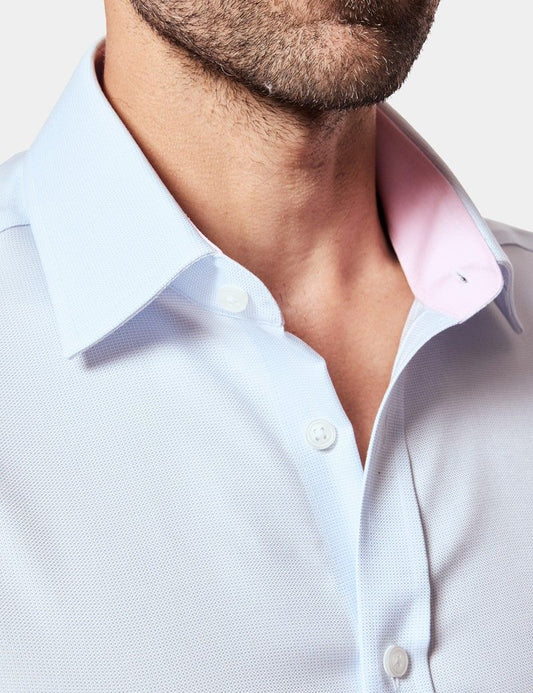 Fitted Slim Blue & White Pick and Pick Non-Iron Shirt - Contrast Detail