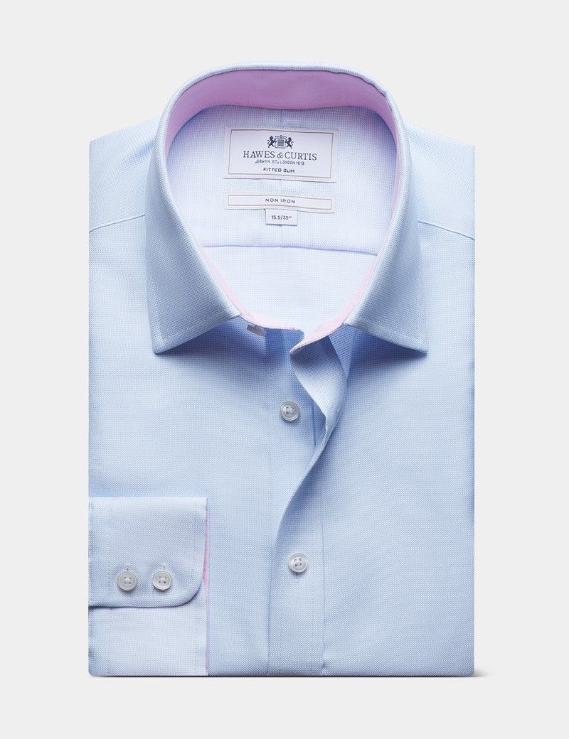 Fitted Slim Blue & White Pick and Pick Non-Iron Shirt - Contrast Detail