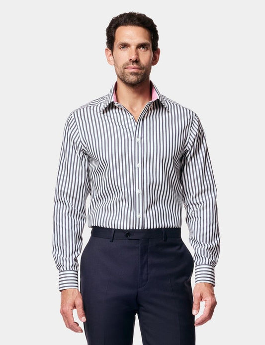 Fitted Slim Navy & White Bold Stripe Non-Iron Shirt - Contrast Detail