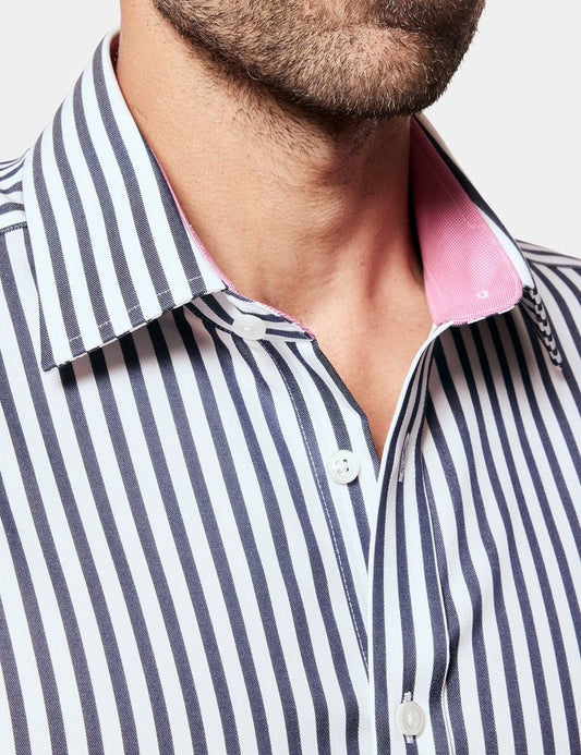 Fitted Slim Navy & White Bold Stripe Non-Iron Shirt - Contrast Detail