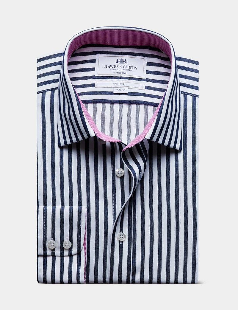 Fitted Slim Navy & White Bold Stripe Non-Iron Shirt - Contrast Detail