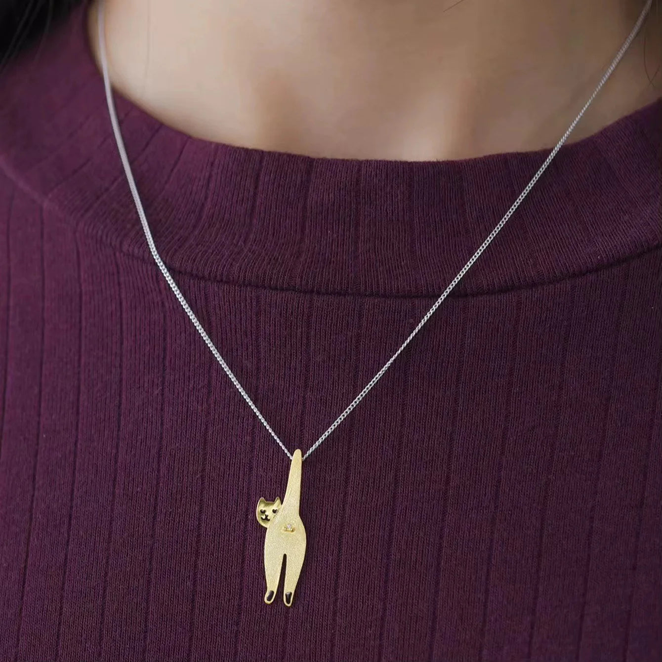 925 Sterling Silver Funny Cat Pendant  18K Gold Plated Cat Lover Gift - Interactive Group